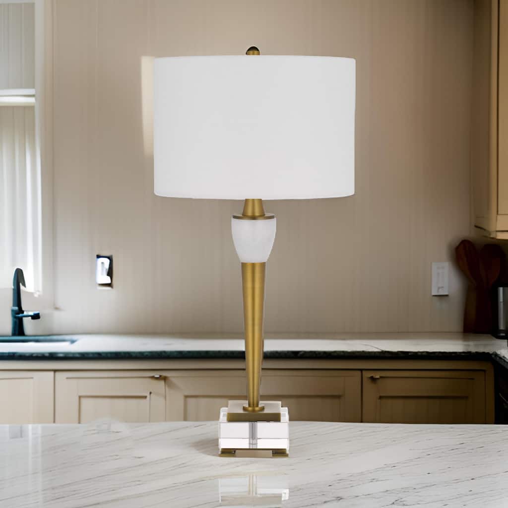 31 Inch Table Lamp with White Drum Shade, Clear Crystal Base, Brass Finish