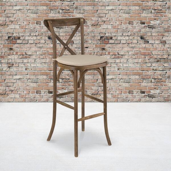 Shop 350lb Rated Dark Antique Wood Cross Back Stackable Barstool With Cushion On Sale Overstock 27085604