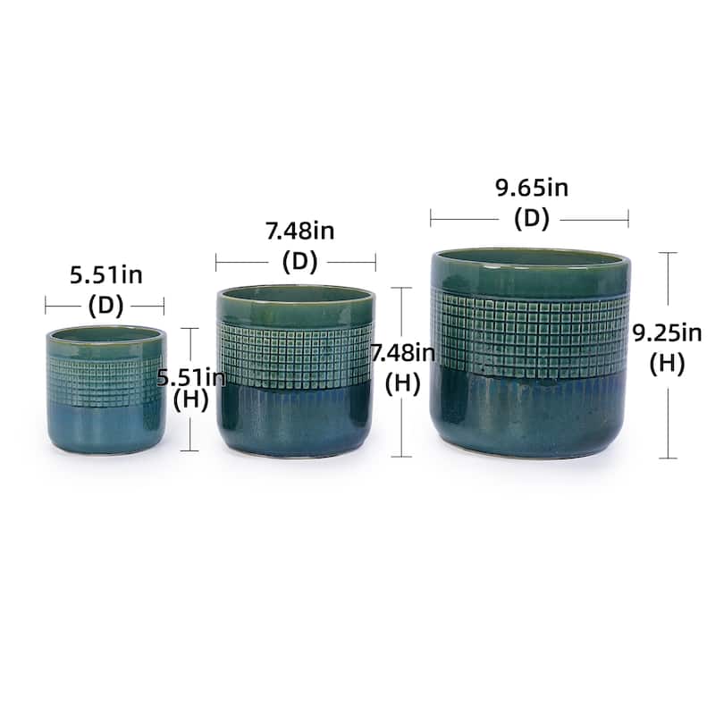 Set of 3 Grid Ceramic Flowerpot Blue Green