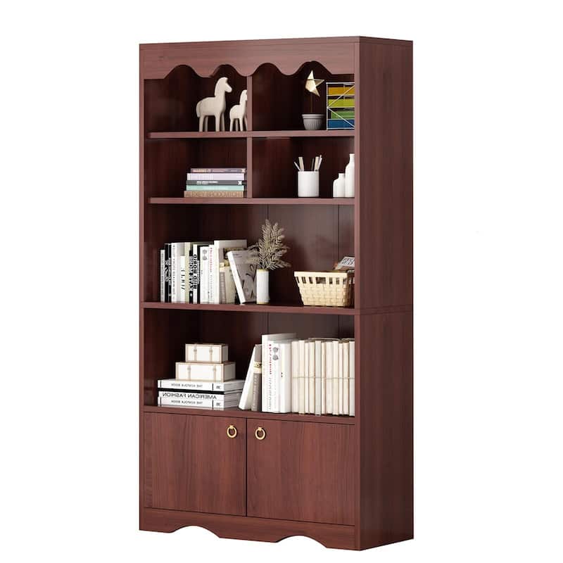 63 Inch Tall Bookshelf, Wood Bookcase with Doors, 5-Tier Book Shelf Storage Organizer, Modern Floor Standing - Brown