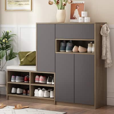 Grondin Modern 2-in-1 Shoe Storage Cabinet and Shoe Bench with Padded Seat, 3 Push-Opened Doors, 1 Drawer and Adjustable Shelves