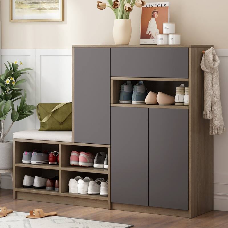 Multi-functional Shoe Bench Entryway with Storage,Padded Seat and Adjustable Shelves