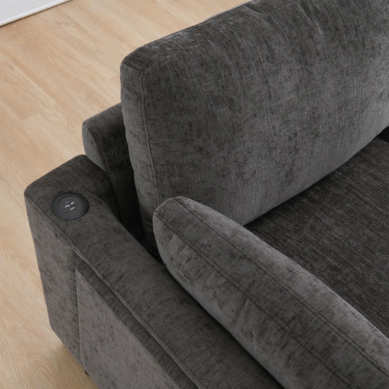 L-Shape Sectional Sofa with Folding Table, Dual-Port Charging, Side Pockets, 2 Pillows, Movable Ottoman, Chenille Modular Sofa