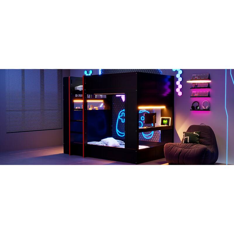 Roomfitters Full Size Gaming Bunk Bed with Desk, Storage Shelves, LED and Charging Station, Black