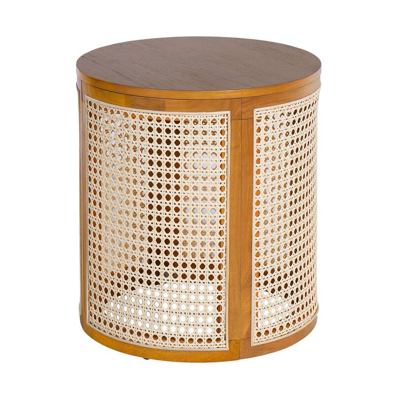 Rattan Tea Desk Round End Table Hollow Woven Side Table Chic Accent Table with Round Wood Tabletop and Flip Top Storage