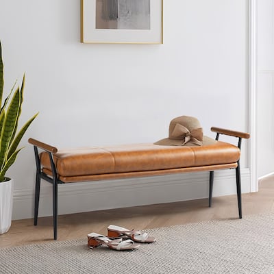 Glitzhome 48.5"W Modern Upholstered Bench with Wooden Arms and Metal Legs
