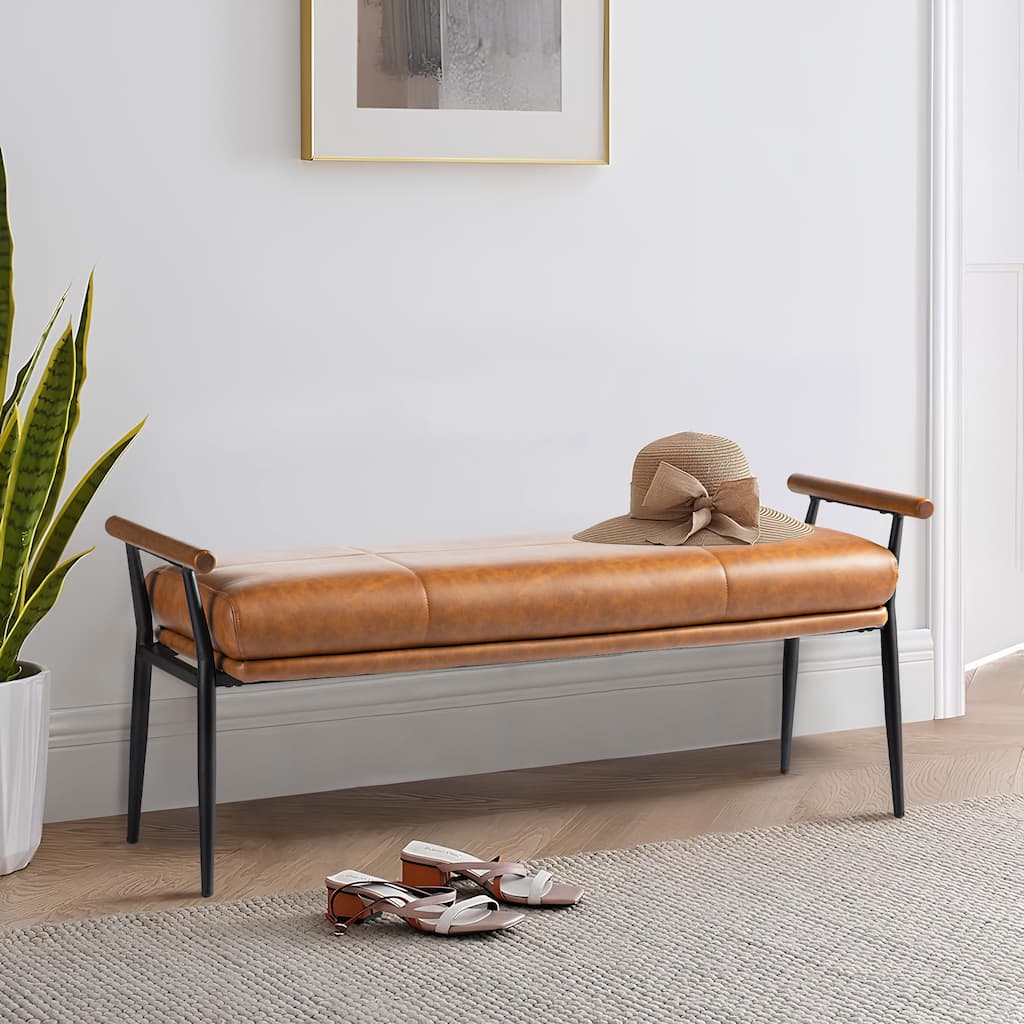 Glitzhome 48.5"W Modern Upholstered Bench with Wooden Arms and Metal Legs