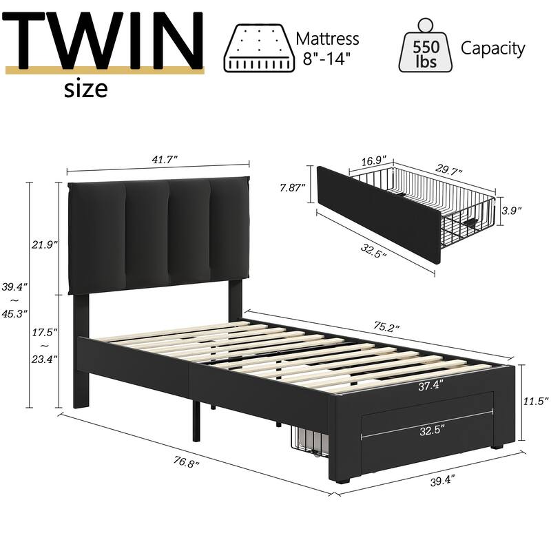 VECELO Bed Frame with 4 Storage Drawers, Upholstered Platform Bed Frame with Adjustable Headboard