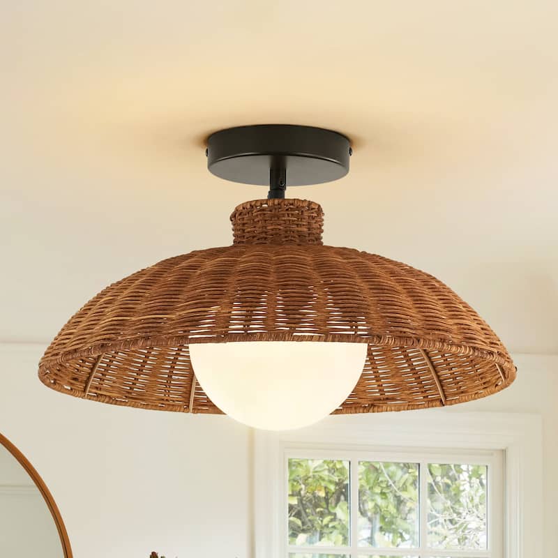 1-Light 15.7" W Farmhouse Brown Woven Rattan Dome Pendant lights for Dining Room, Living Room, Bedroom - 15.7 in. W x 7.9 in. H x 15.7 in. D - Black/Brown/White