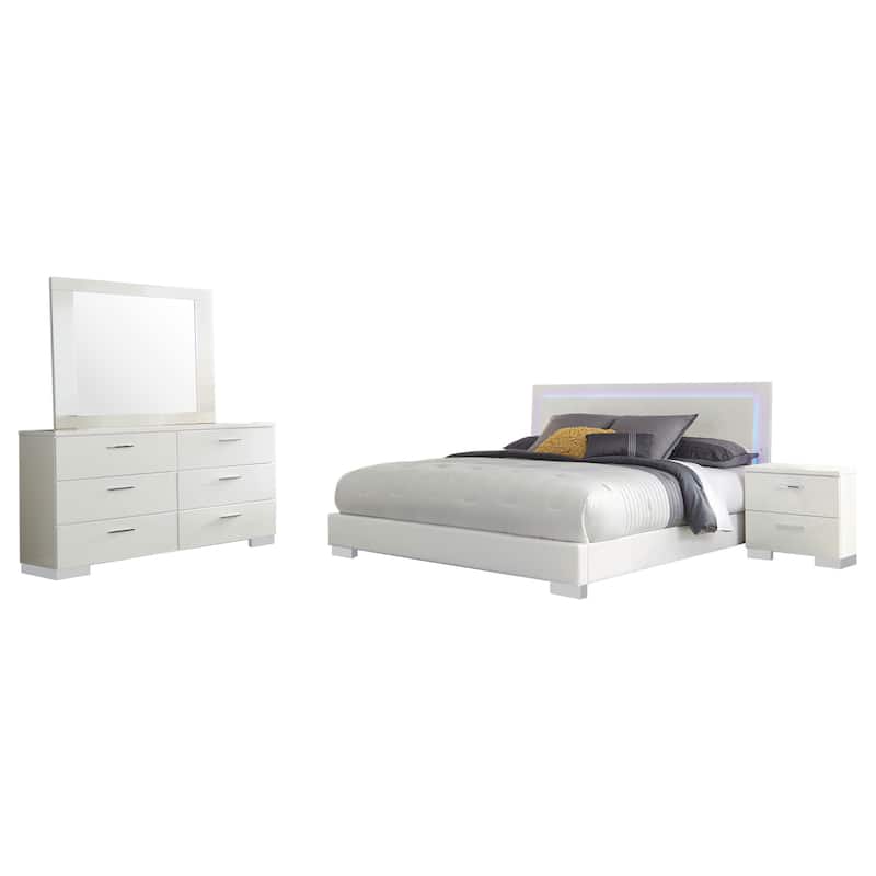 Sok 4pc King Bedroom Set, Faux Leather Upholstery, High Gloss White