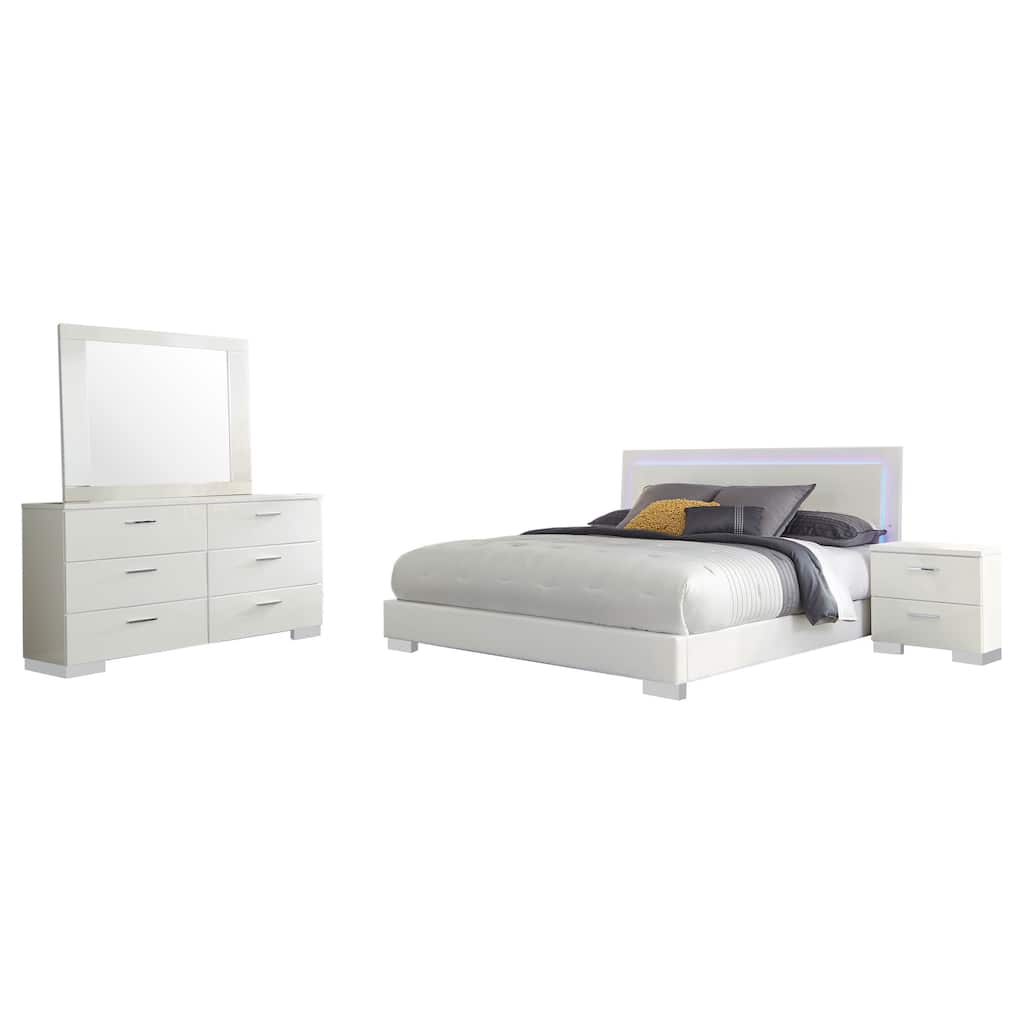 Sok 4pc King Bedroom Set, Faux Leather Upholstery, High Gloss White