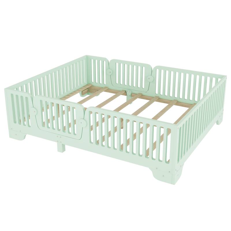 Full/Twin Montessori Floor Bed with Slats, Fence and Door, No Box Spring Needed