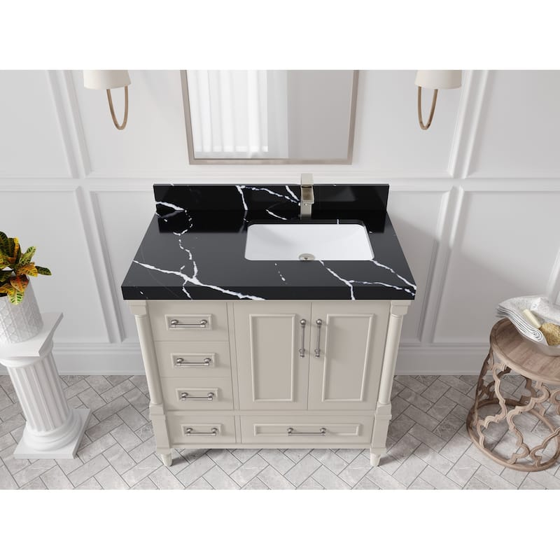 Willow Collections 36 in. W x 22 in. D Aberdeen Right Offset Sink Bathroom Vanity with Countertop - 2" Calacatta Black - Fine Grain