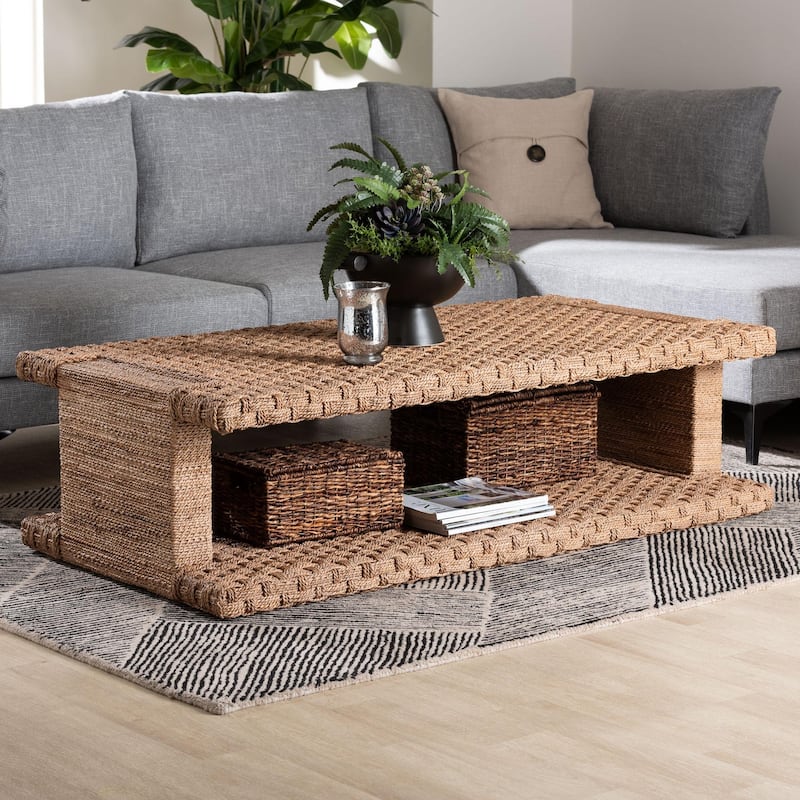 Rhinos Handwoven Seagrass Coffee Table with Open Shelf - Rectangular Wicker Center Table for Living Room, Coastal Boho Style