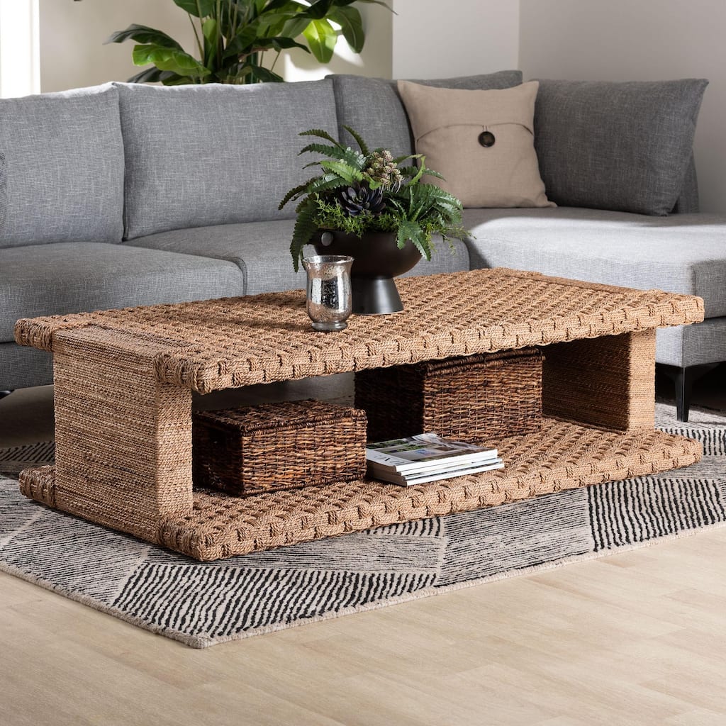 Rhinos Handwoven Seagrass Coffee Table with Open Shelf - Rectangular Wicker Center Table for Living Room, Coastal Boho Style
