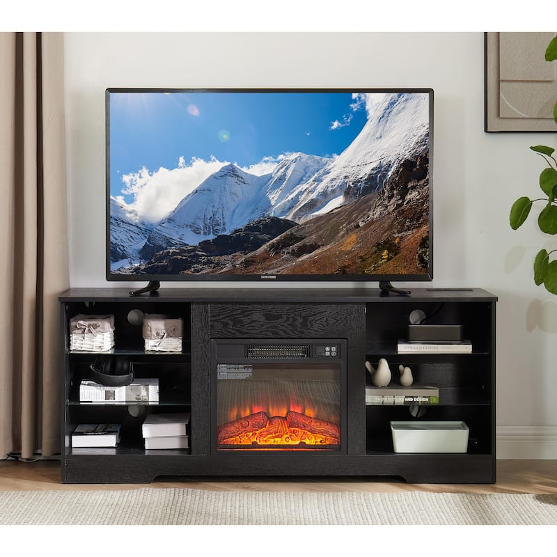 Black 58" Fireplace TV Stand with LED, Glass Shelves & USB for TVs Up to 62"