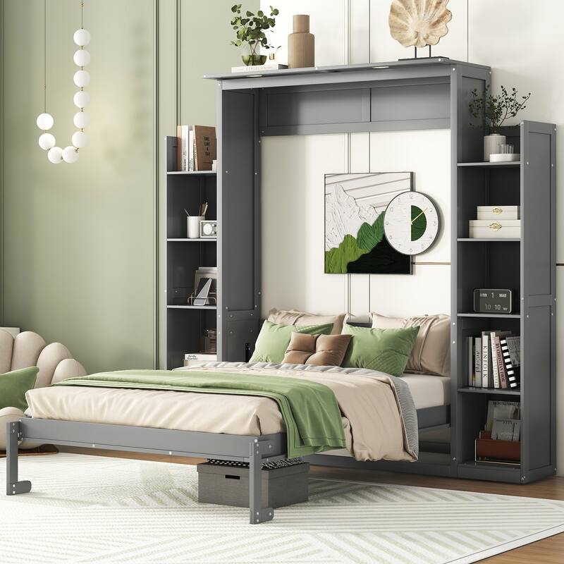 Murphy Bed Frame Foldable Into Wall Cabinet with Bookshelf & LED Light