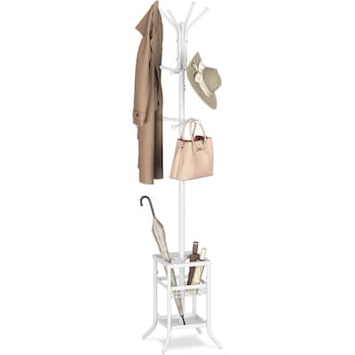 Metal 12-Hook Coat Rack Hall Tree with Umbrella Holder and Tray - 13.7" D × 13.7" W × 73.6" H