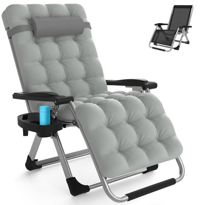 Outdoor Patio Folding Zero Gravity Lounge Chair, 26Inch Wide Recliner Lounge Chair with Removable Cushion - Grey