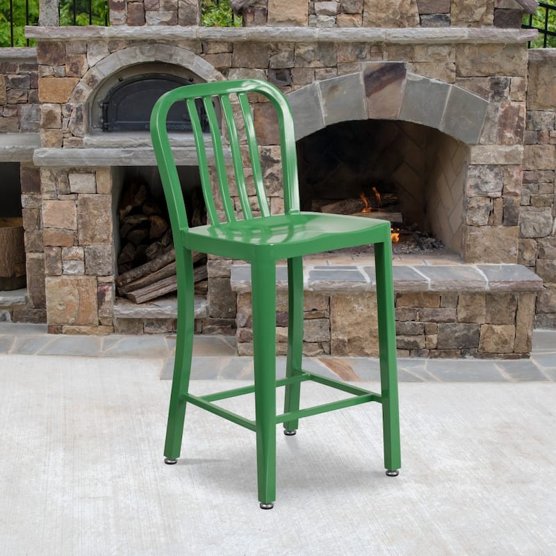 24'' High Metal Indoor-Outdoor Counter Height Stool with Vertical Slat Back - Green