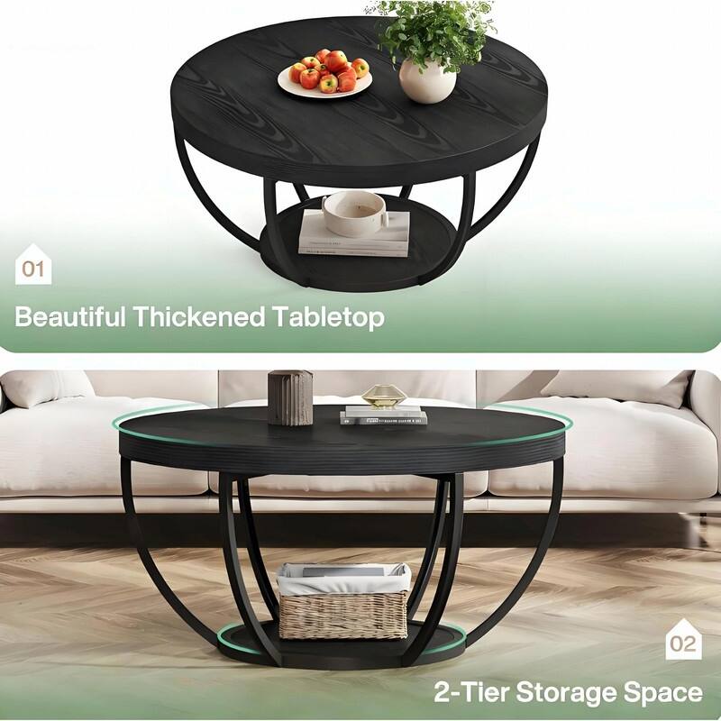Round 2-Tier Wood Coffee Table with Metal Base for Living Room
