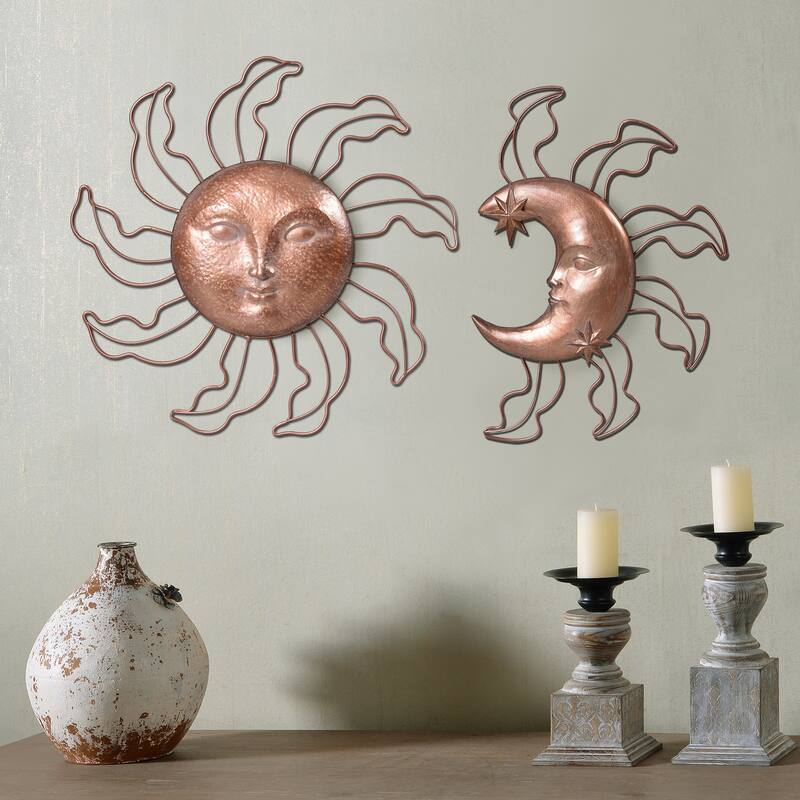 Sun and Moon Hanging Wall Decoration - 13.25" - Copper Finish - Set of 2