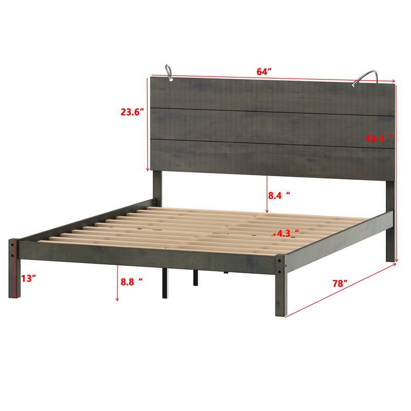 Queen Rustic Wood Platform Bed with Built-In Bedside Lights