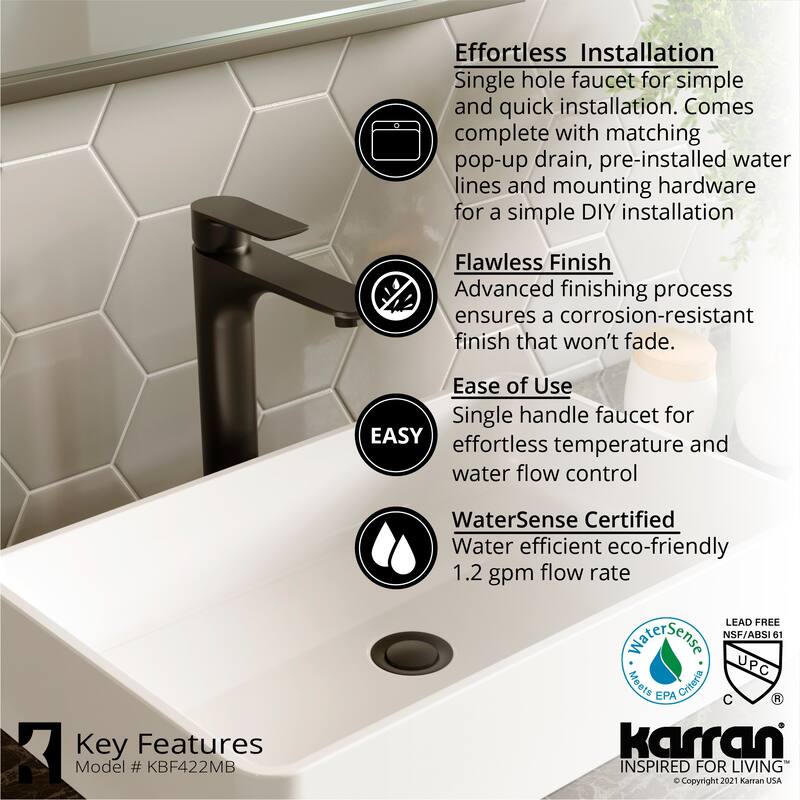 Karran Quattro Matte White Acrylic 18 in. Rectangular Bathroom Vessel Sink with Faucet and drain in Matte Black