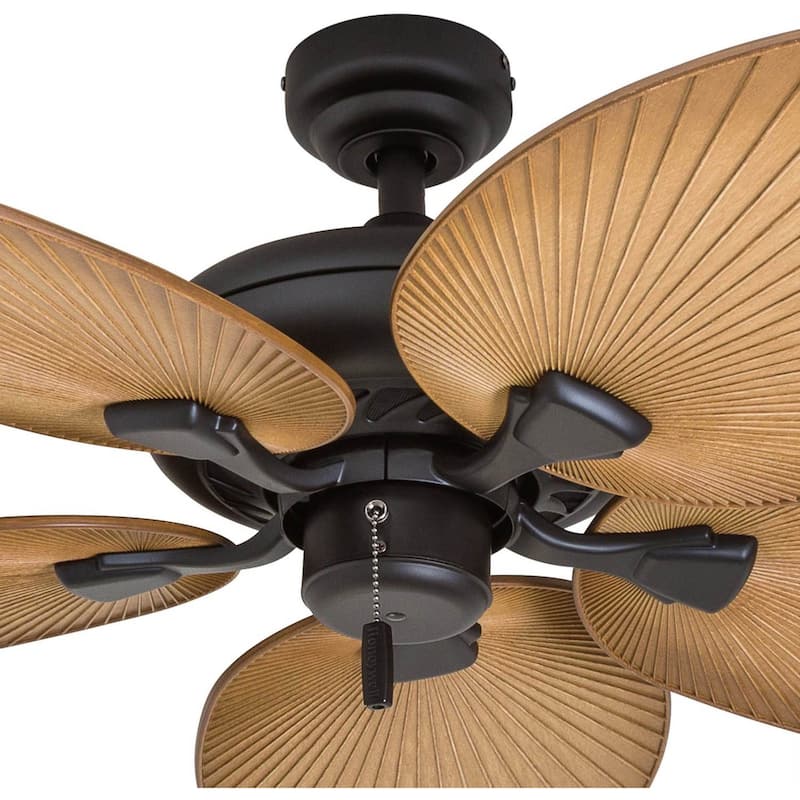 52" Honeywell Palm Island Bronze Indoor/Outdoor Ceiling Fan with No Light, Pull Chain, 5 Palm Leaf Blades, Damp-Rated