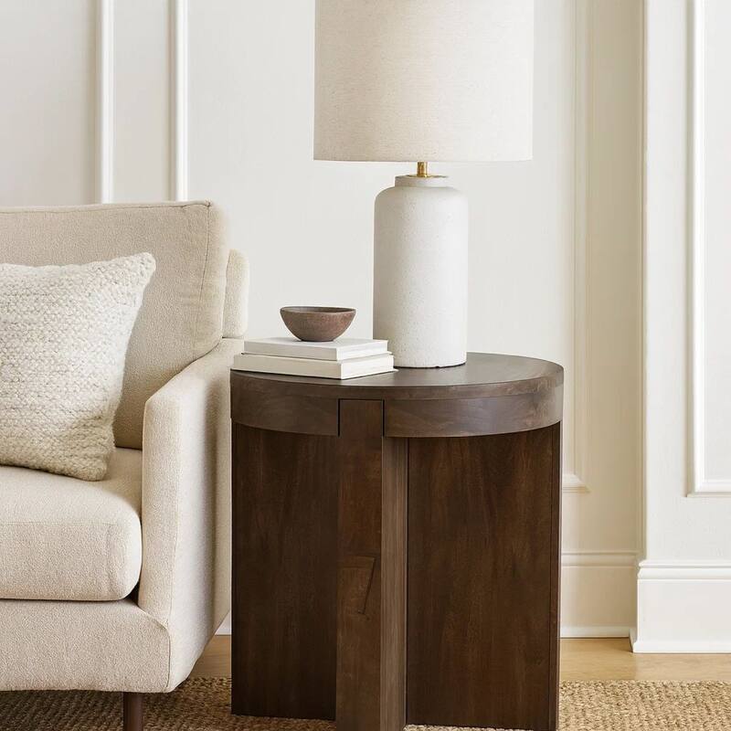 Kinaj Side End Table, Dark Brown Solid Mango Wood, Round 20 Inch