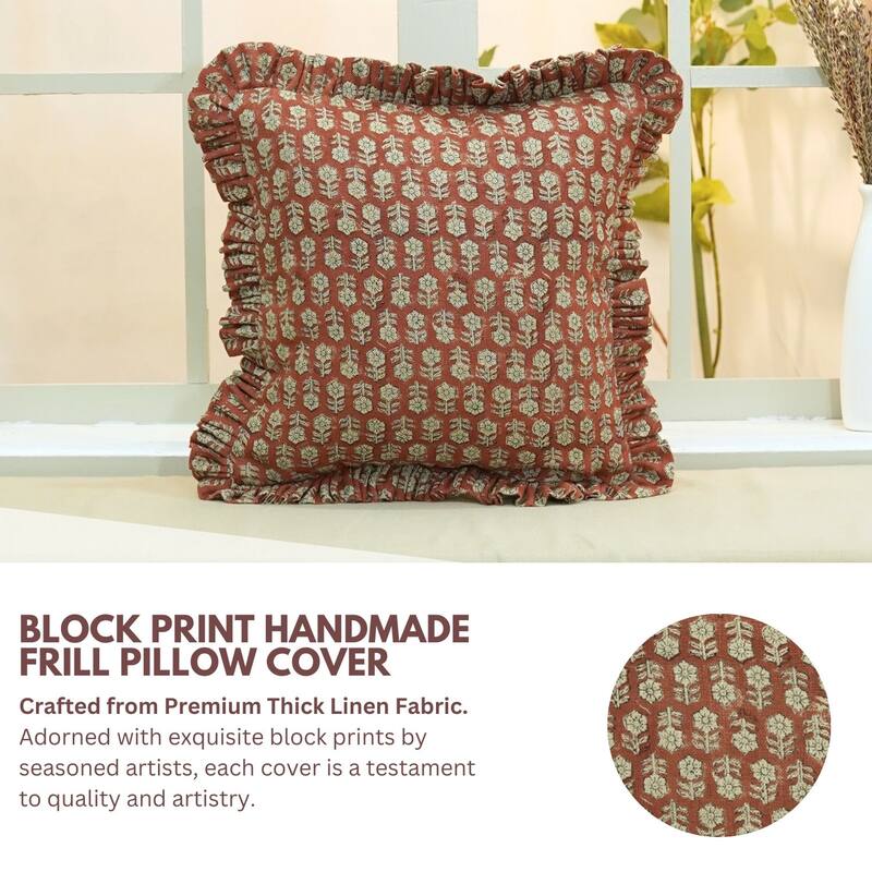 Handmade Rust BLOCK PRINT FRILL PILLOW COVER-TULSIBUTTI