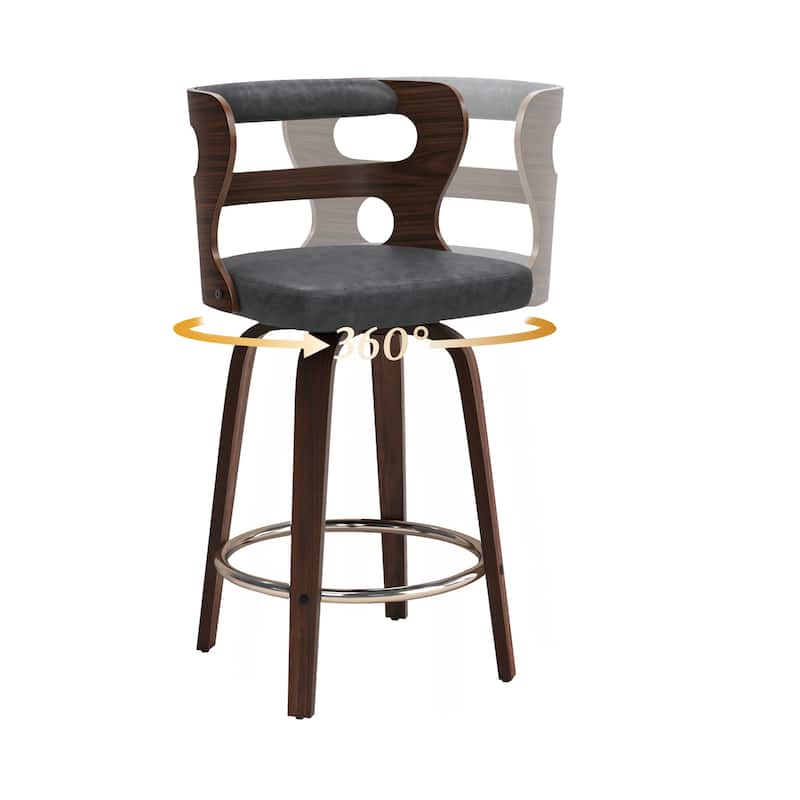 LUE BONA 26" Walnut and Faux Leather Swivel Counter Bar Stools With Backs - 26" H - Set of 4 - Dark Grey/Walnut