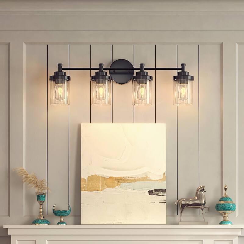 Modern Dimmable Vanity Light with Clear Ribbed Glass Shades E26 Sockets - 31.5 in - Nickel