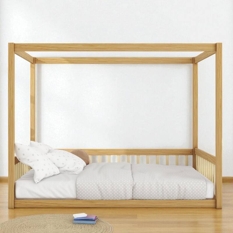 Full Size Wooden Canopy Floor Bed with Guardrails and Fence, Rubber Wood Frame, Kids Montessori Bed - Natural - Full