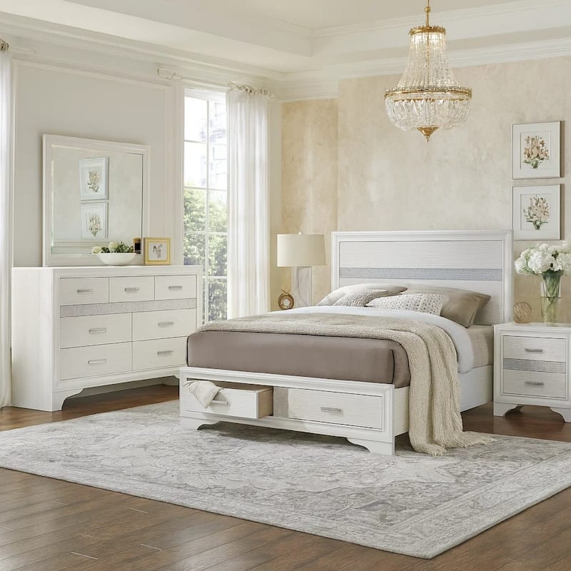 Vino White 4pc California King Bed Set with Dressers, Glitter Accent