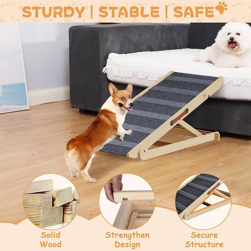 Wooden Dog Ramp Adjustable Folding Portable Pet Ramp with Sticky Roller - Natural - 41" x 15.7" x 4"
