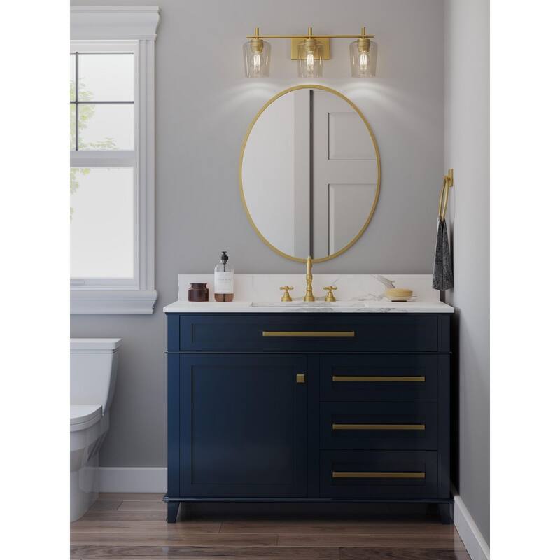 Calais Collection Three-Light Vintage Brass Clear Glass New Traditional Bath Vanity Light - 24.25 in x 6.5 in x 8.5 in