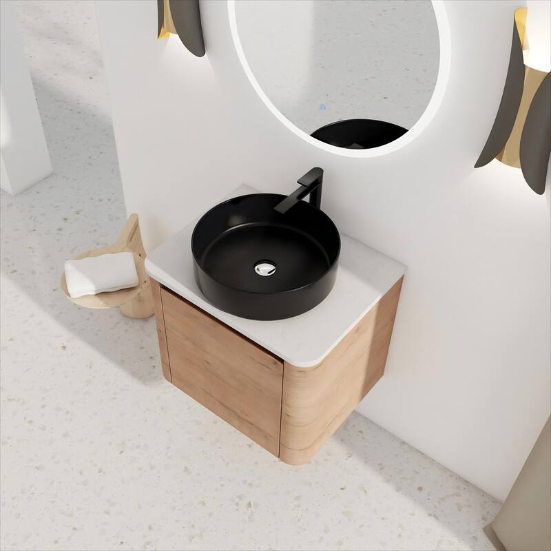 24'' Wall-Mounted Bathroom Vanity With Ceramic Art Sink & 1-Soft-Close Door,KD-Packing, Plywood - Imitative Oak