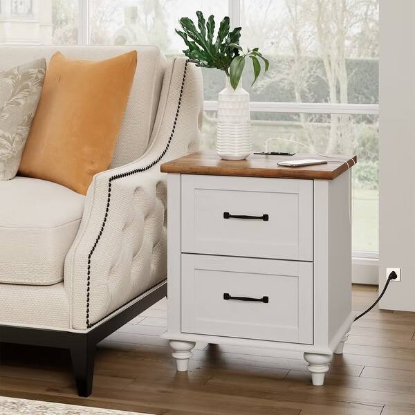 Mid Century End Table Nightstand with Drawer & Charging Station, White