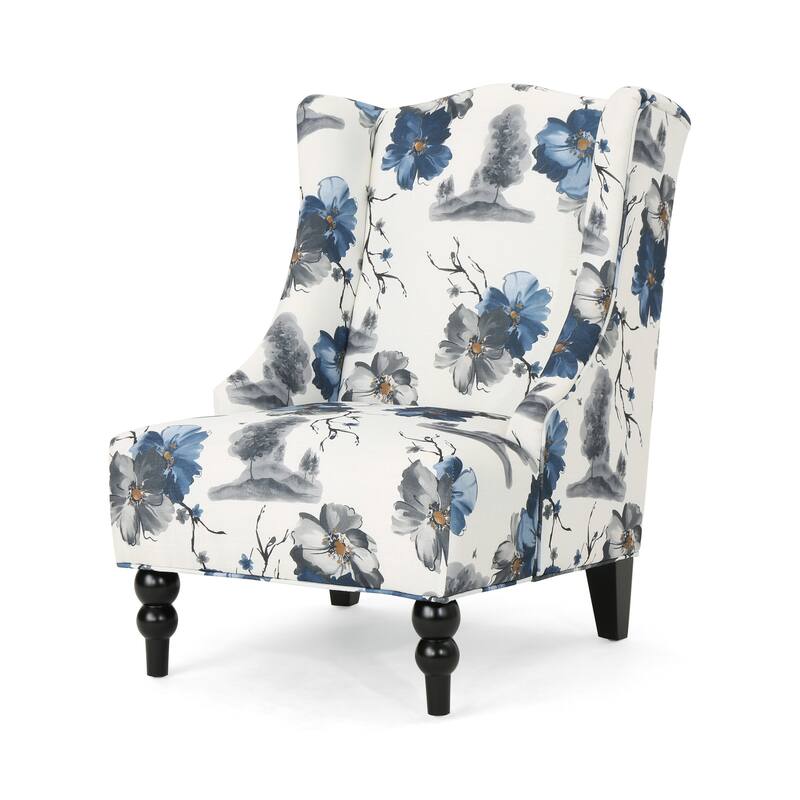 Beige +Blue Flower Modern 28" High-Back Upholstered Club Chair with Birch Wood Legs for Living Room