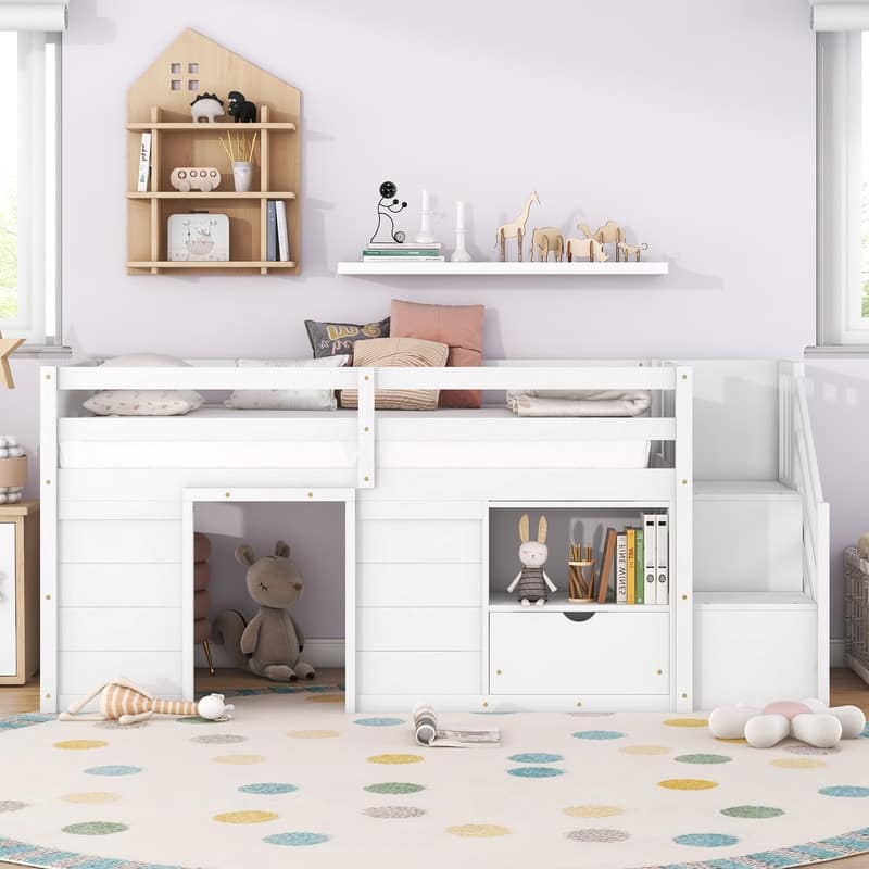 Solid Wood Twin Size Low Loft Bed With Stair, Drawer, and Shelf