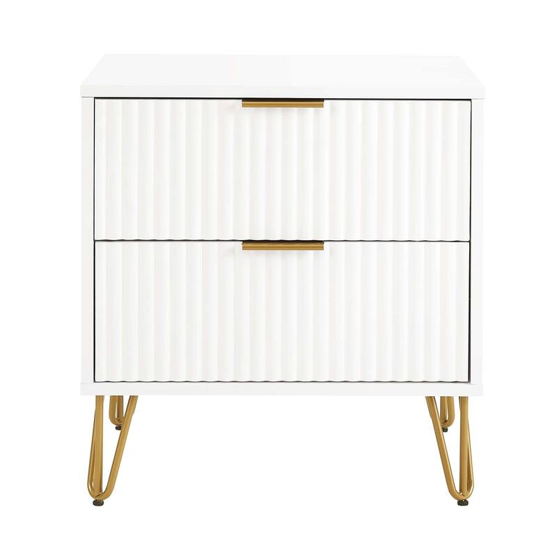 20-Inch White Fluted Nightstand with 2 Drawers and Gold Metal Handles - White