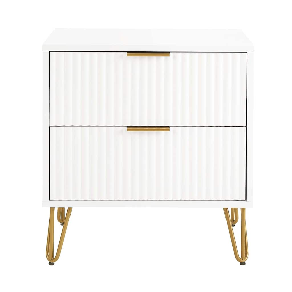 Fluted Nightstand with 2 Drawers Metal Legs Tool Free Assembly