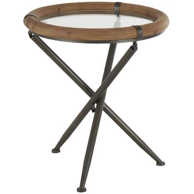 Metal Round Accent Table with Brown Wooden Framed Glass Tabletop - Brass - Roche River Decor