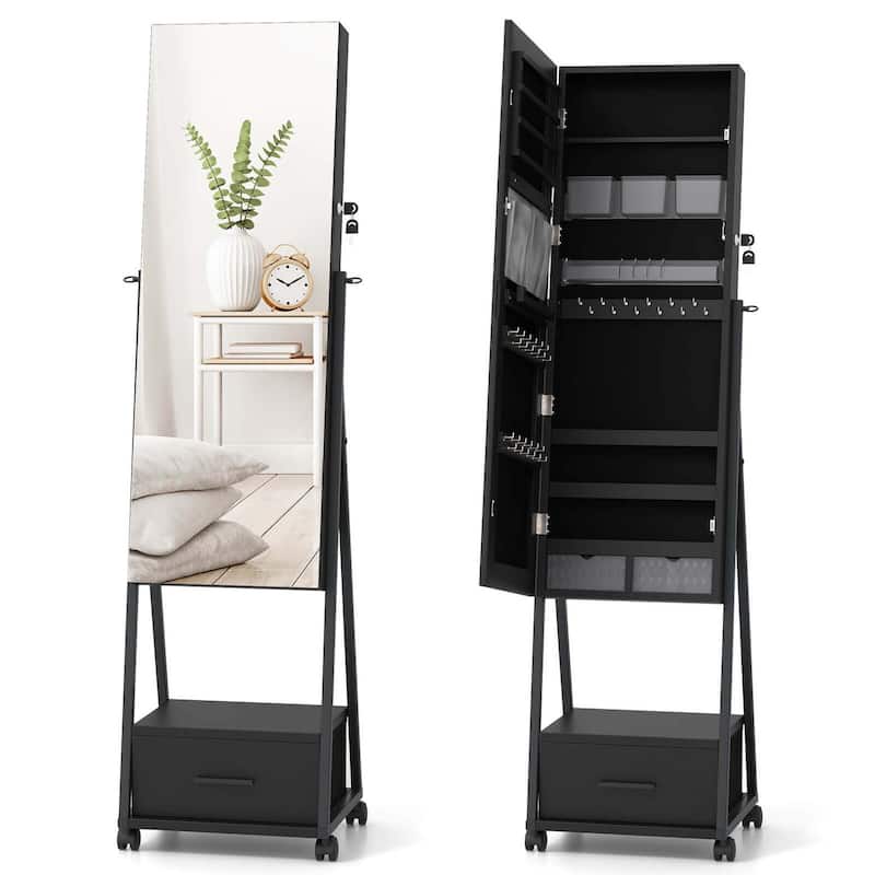 Costway Jewelry Cabinet Armoire Full Length Mirror Lockable with - Black
