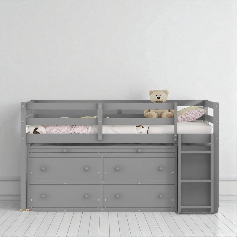 Twin Loft Bed with Retractable Desk, 4 Drawers and Shelves, Wooden Study Storage Bed for Kids Teens - Grey - Twin