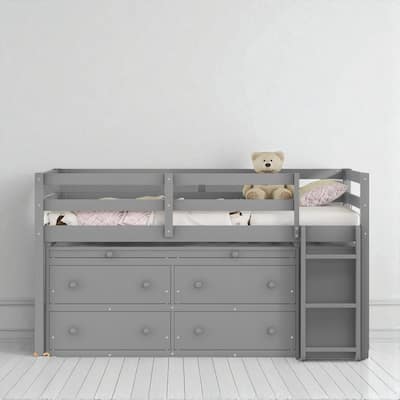 Twin Loft Bed with Retractable Desk, 4 Drawers and Shelves, Wooden Study Storage Bed for Kids Teens