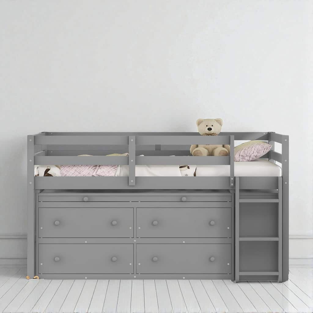 Twin Loft Bed with Retractable Desk, 4 Drawers and Shelves, Wooden Study Storage Bed for Kids Teens