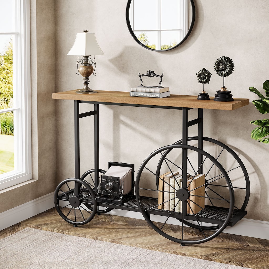 ndustrial Console Table, 47.2-Inch Entryway Table with Metal Mesh Storage Shelf