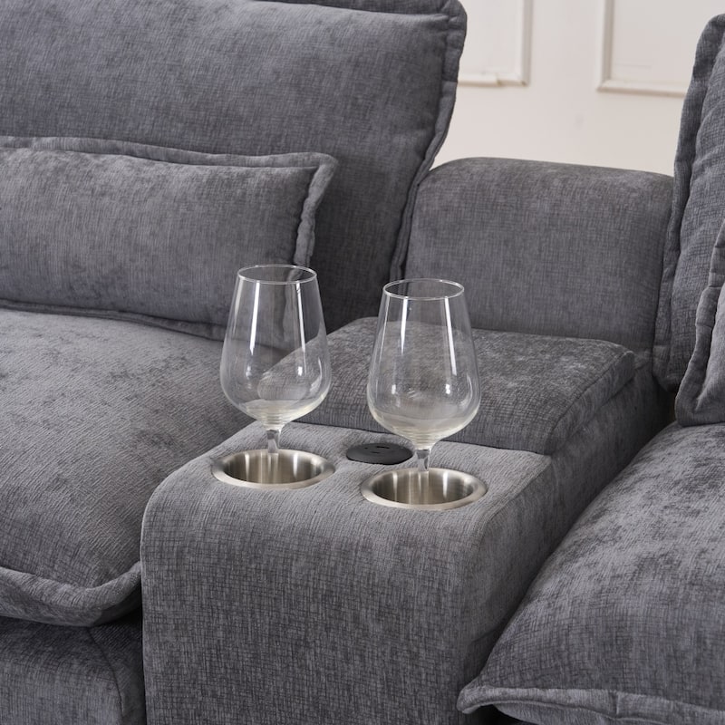 U-shaped Modern Upholstered Sectional Sofa with Storage and Cupholders, USB Ports